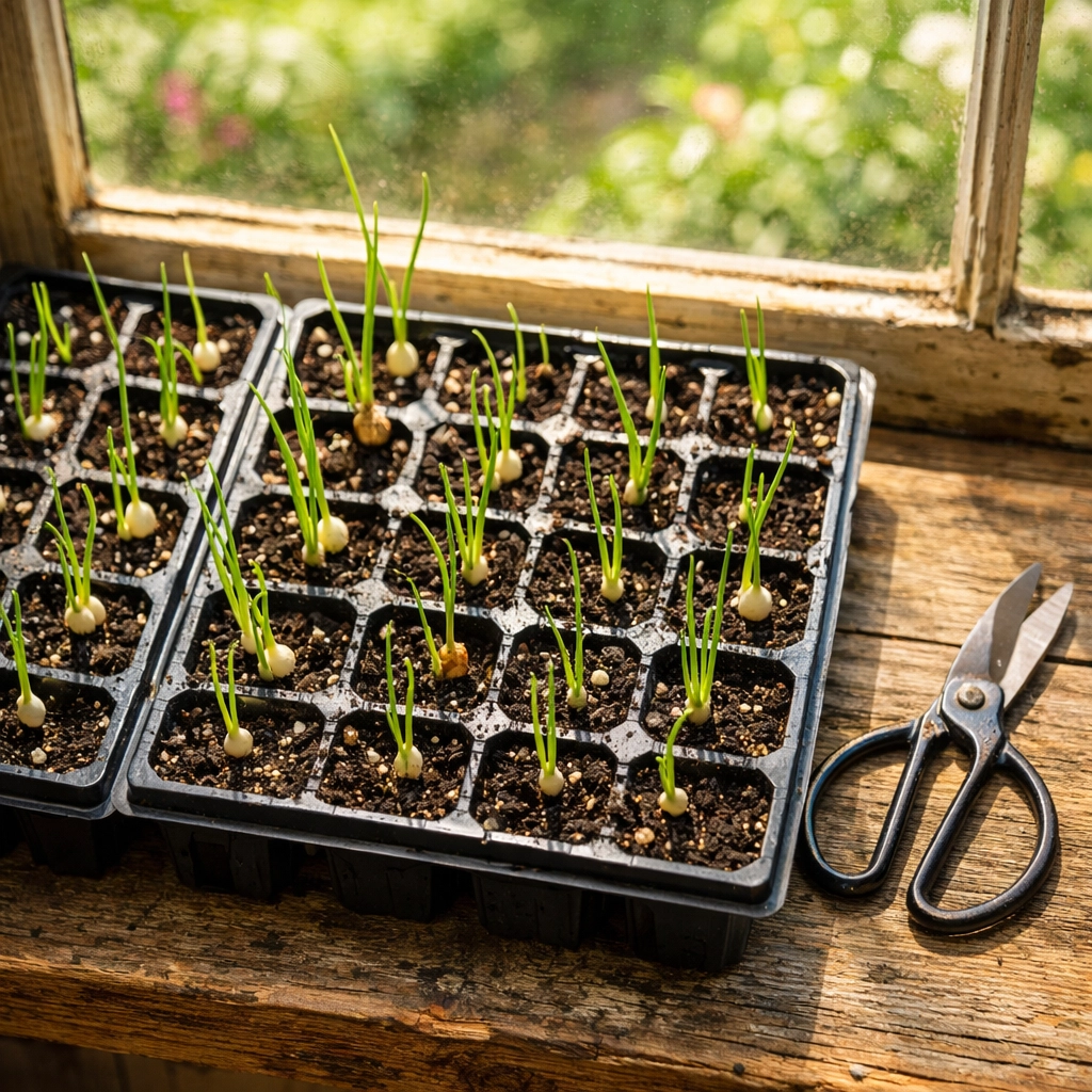 Onion seedlings growing in seed starting trays on a sunny windowsill