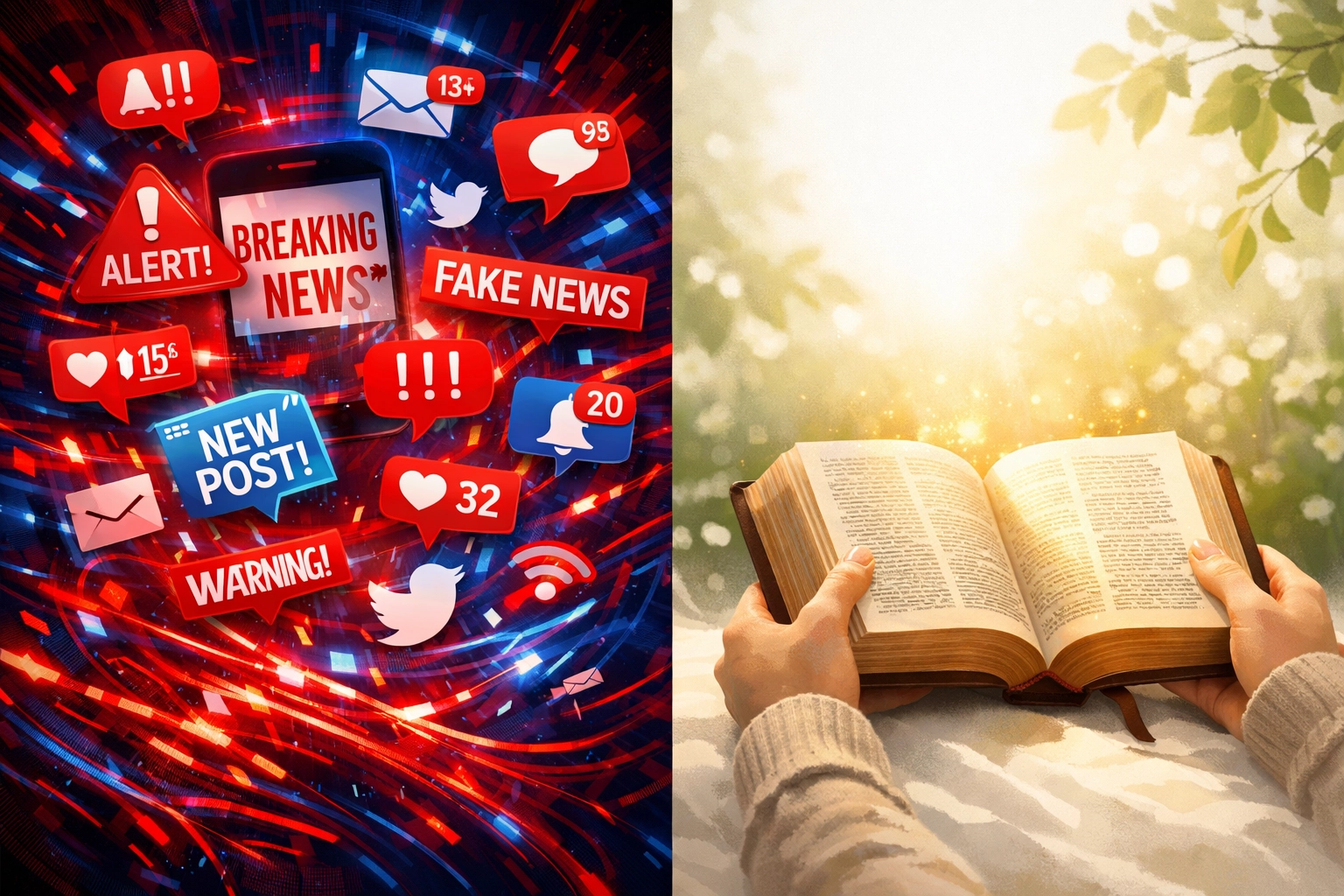 Contrast of chaotic news notifications versus peaceful Bible reading and prayer