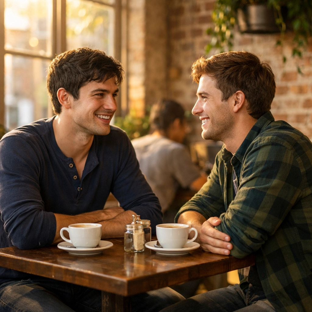 Two men on first date at cozy café sharing coffee and conversation after meeting online