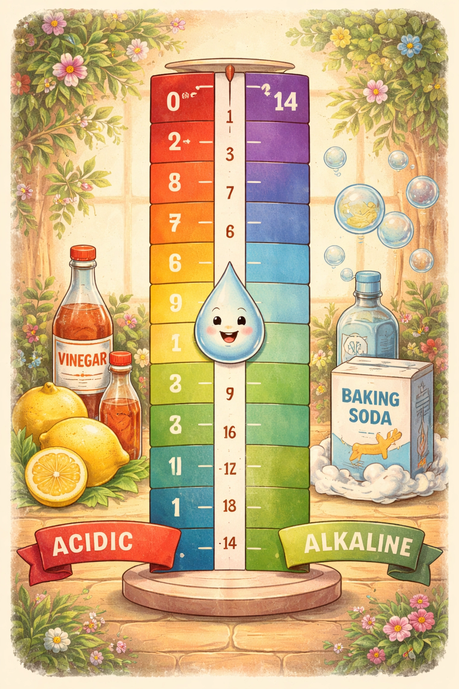 Illustrated pH scale with acids and bases, showing ideal pH range for vertical farm plant growth