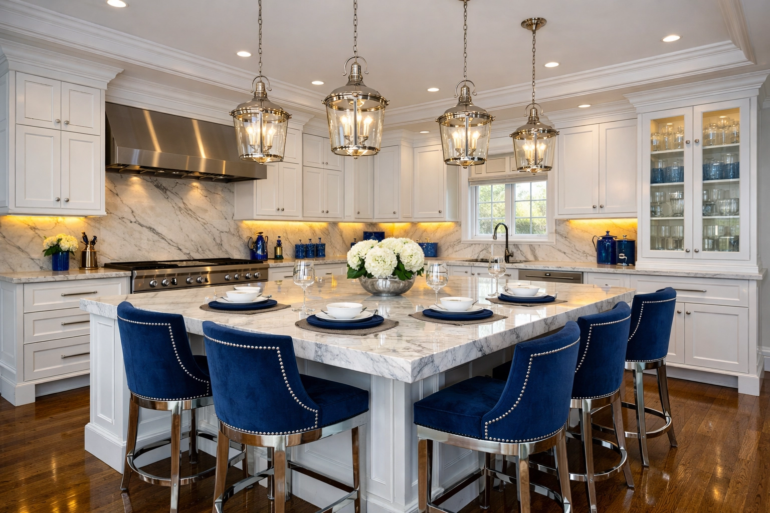 Gleaming modern kitchen with marble island after a professional deep cleaning session in a Winchester estate.