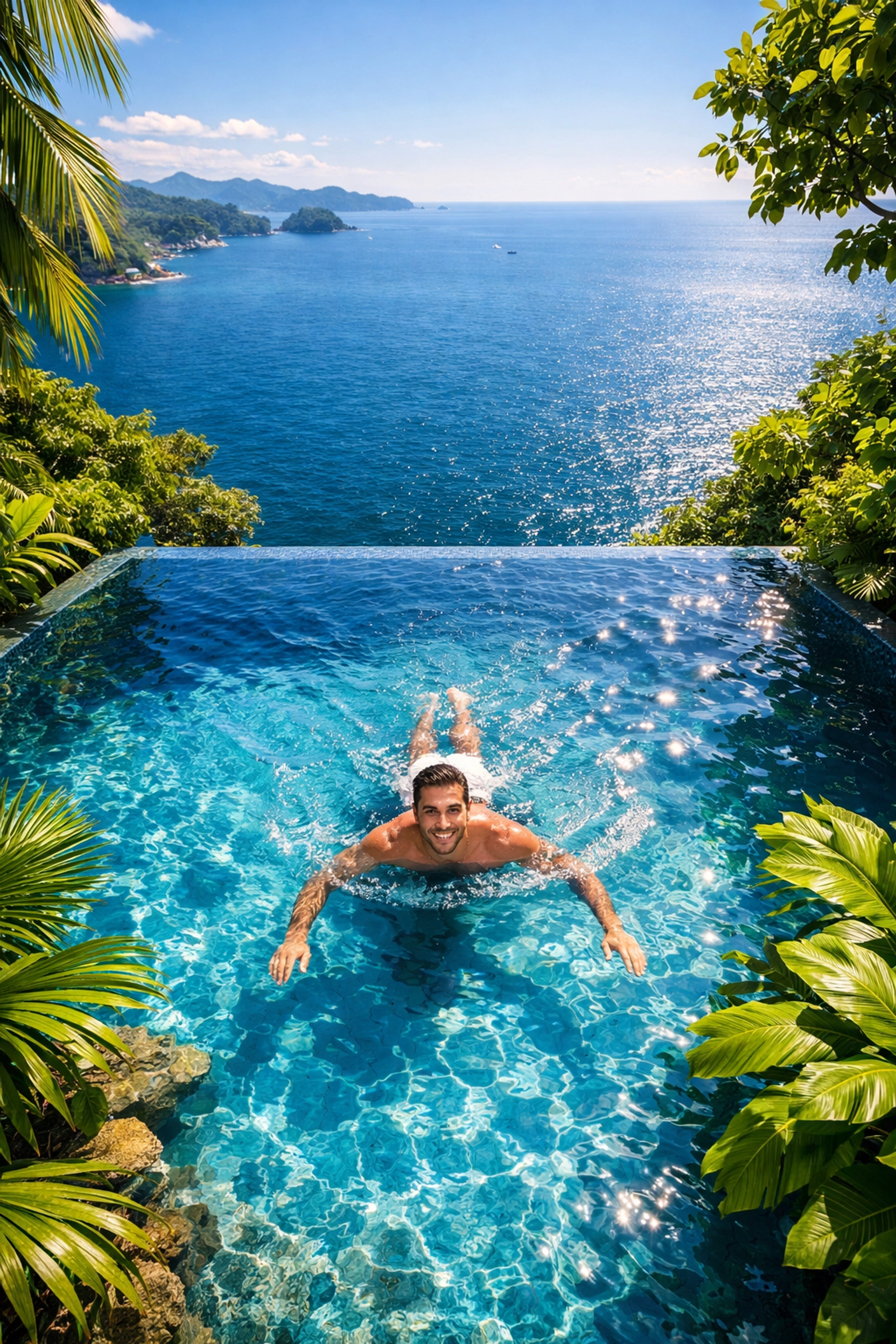 A gay man swims in a clifftop infinity pool overlooking the ocean at a luxury LGBTQ+ friendly resort in Phuket.