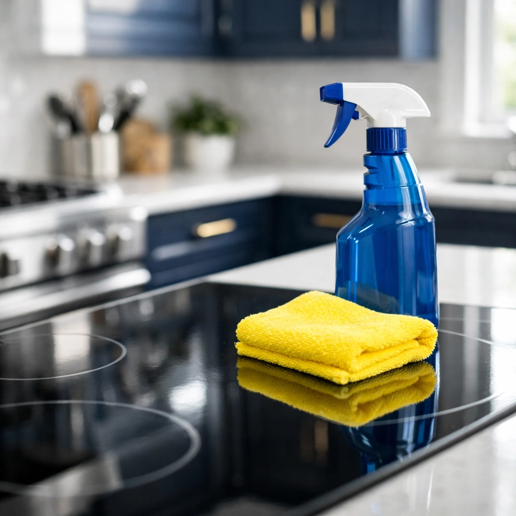 Sparkling kitchen with polished stovetop and blue cabinets during a deep Boston apartment move-out cleaning.