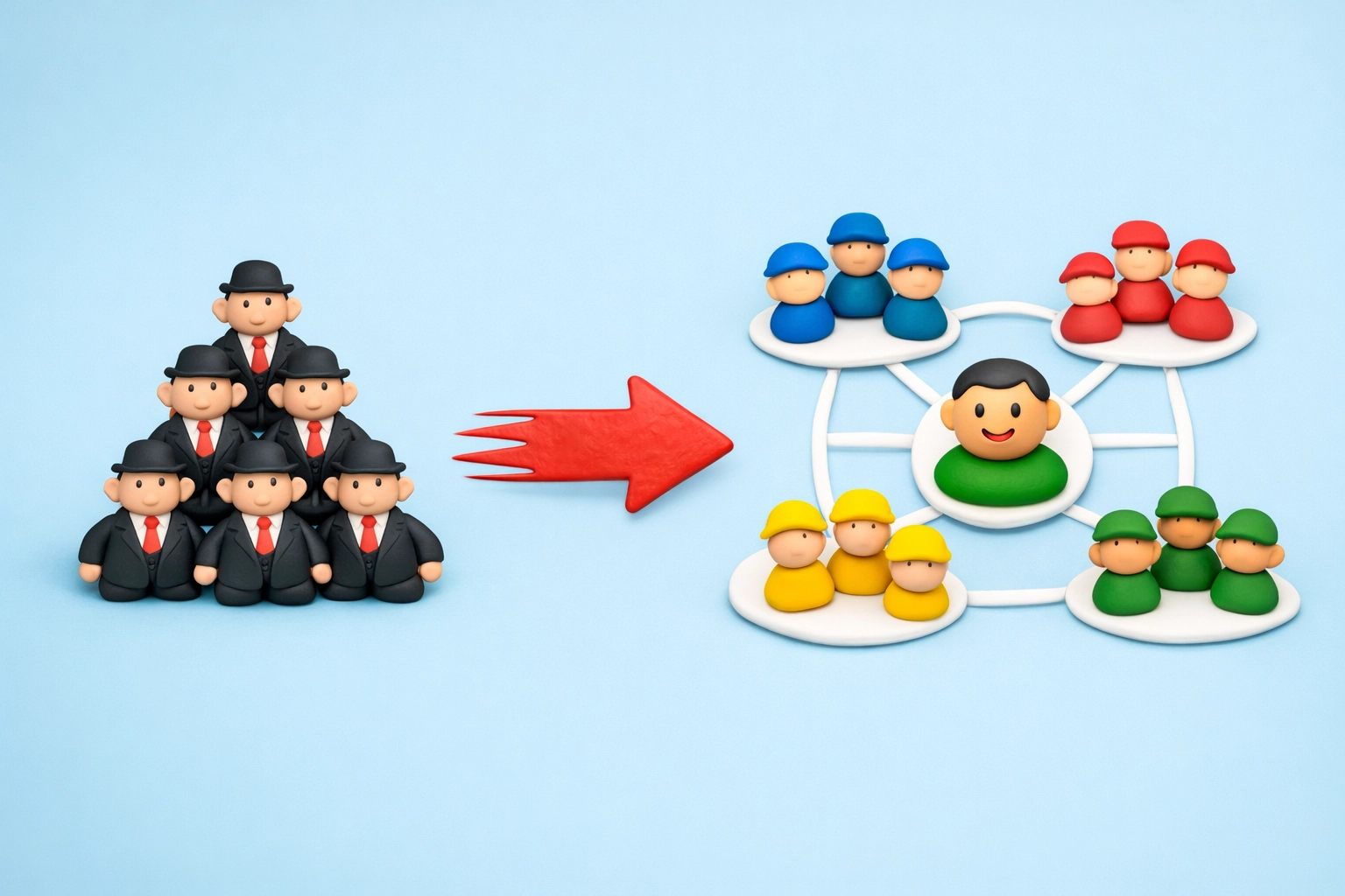 Claymation: a blocky manager pyramid on one side and a simple team network around a customer icon on the other; an arrow shows speed.