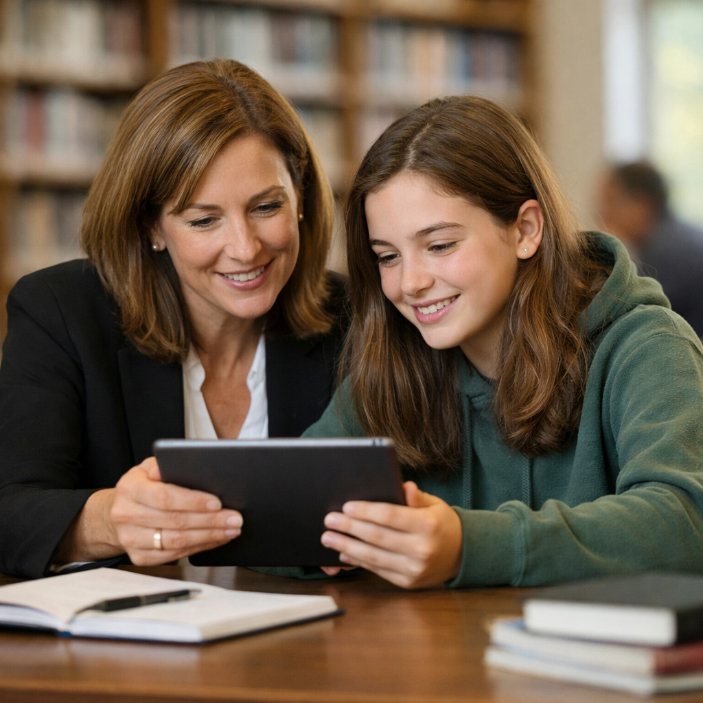 Mentor and teenage student collaborating through community resources in Dorchester.