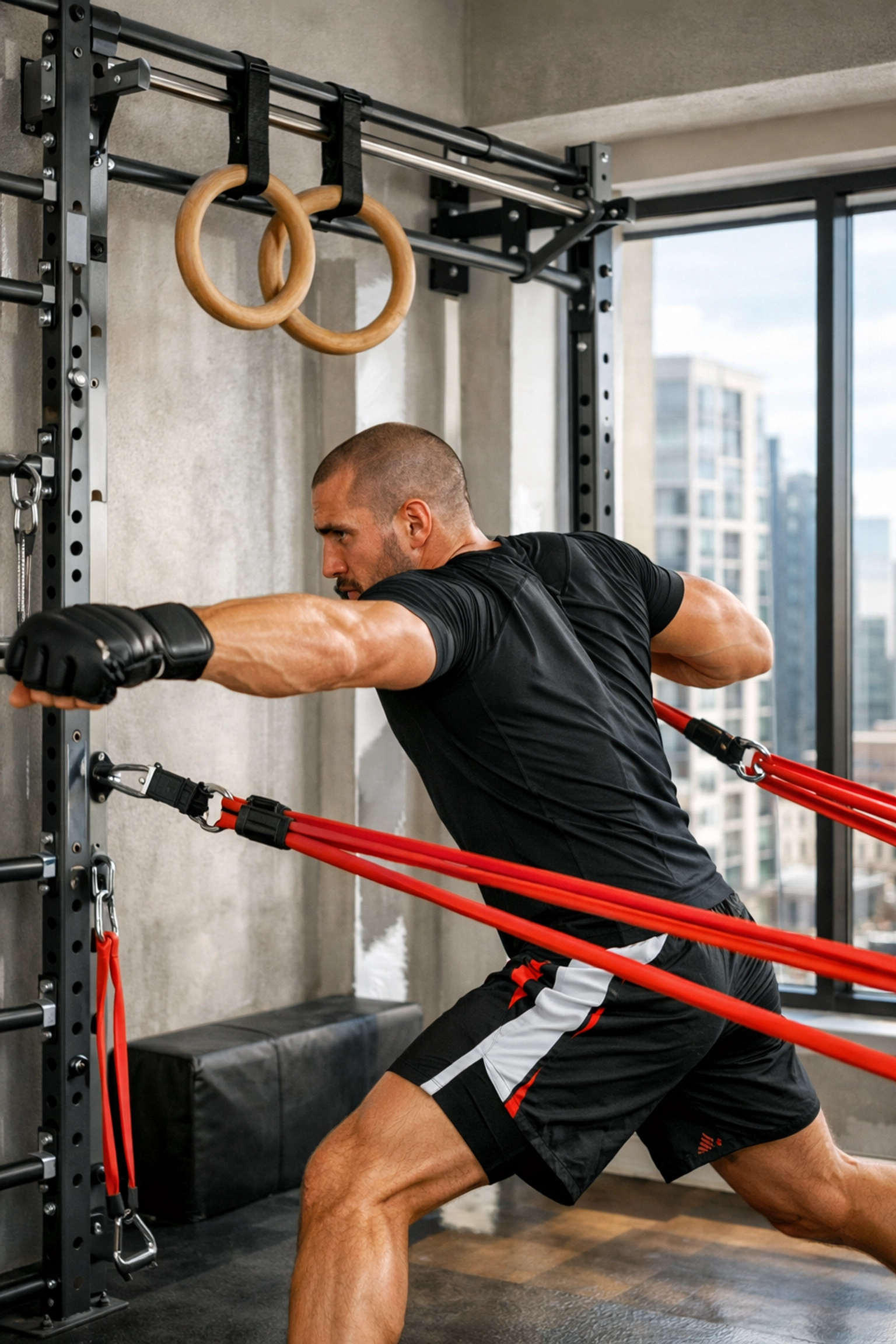 MMA fighter punching with resistance bands on floor-to-ceiling gym for a full body workout at home