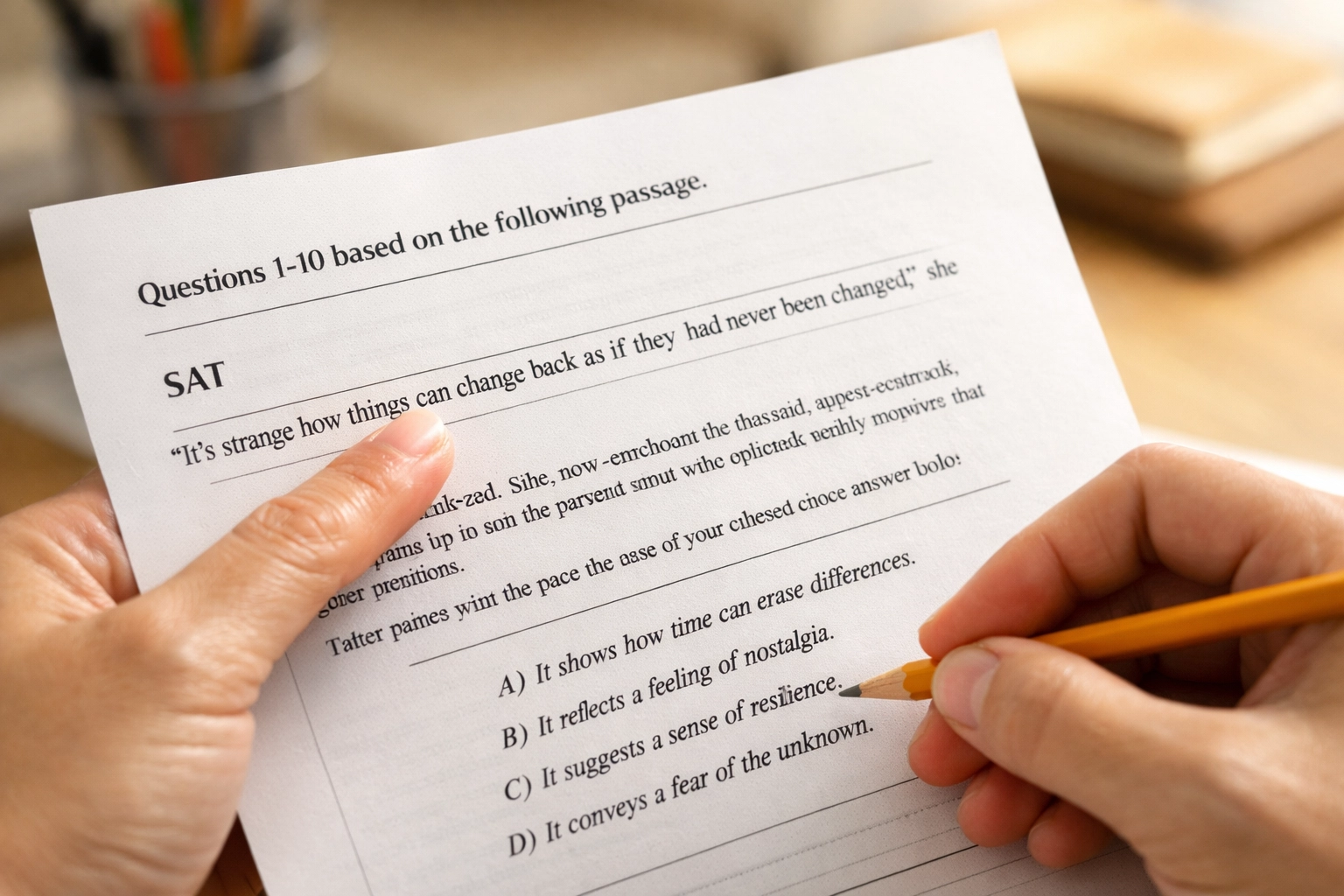 Hands pointing to SAT reading passage evidence while reviewing answer choices with pencil