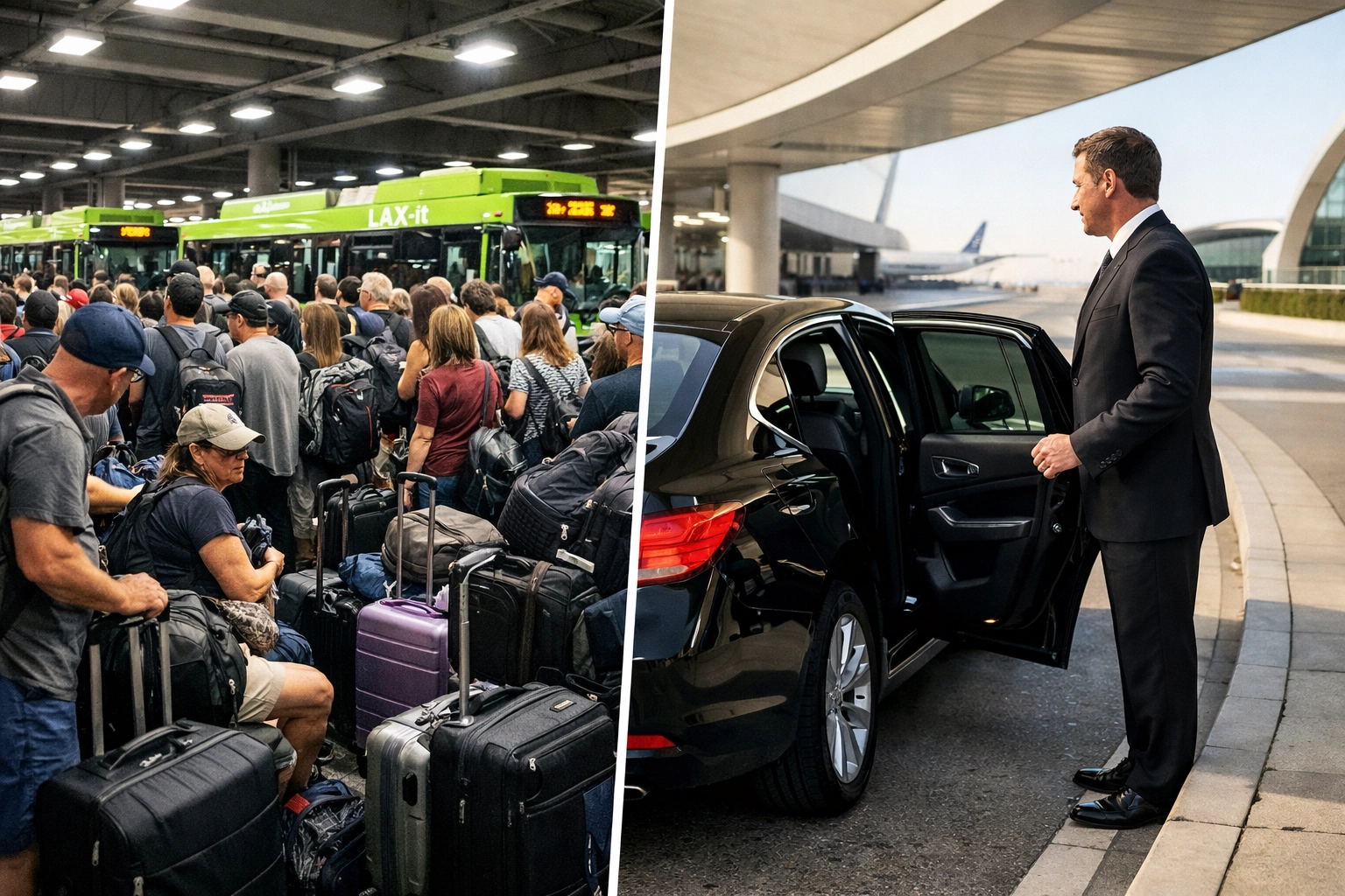 LAX-it shuttle queue chaos compared to curbside black car service pickup