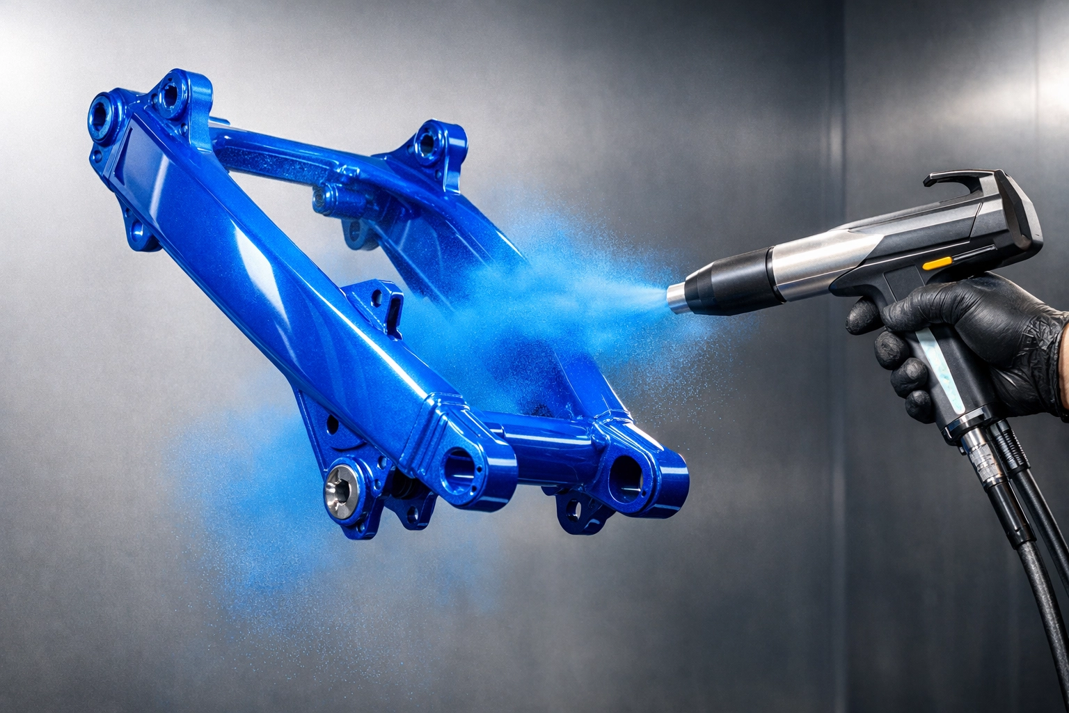 Professional powder coating application on motorcycle swing arm with multiple thin coats