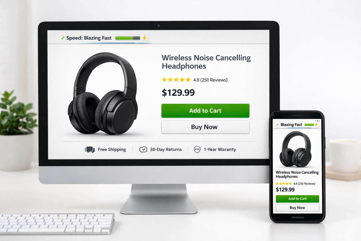 Optimized e-commerce landing page displayed on desktop and mobile devices for higher conversions