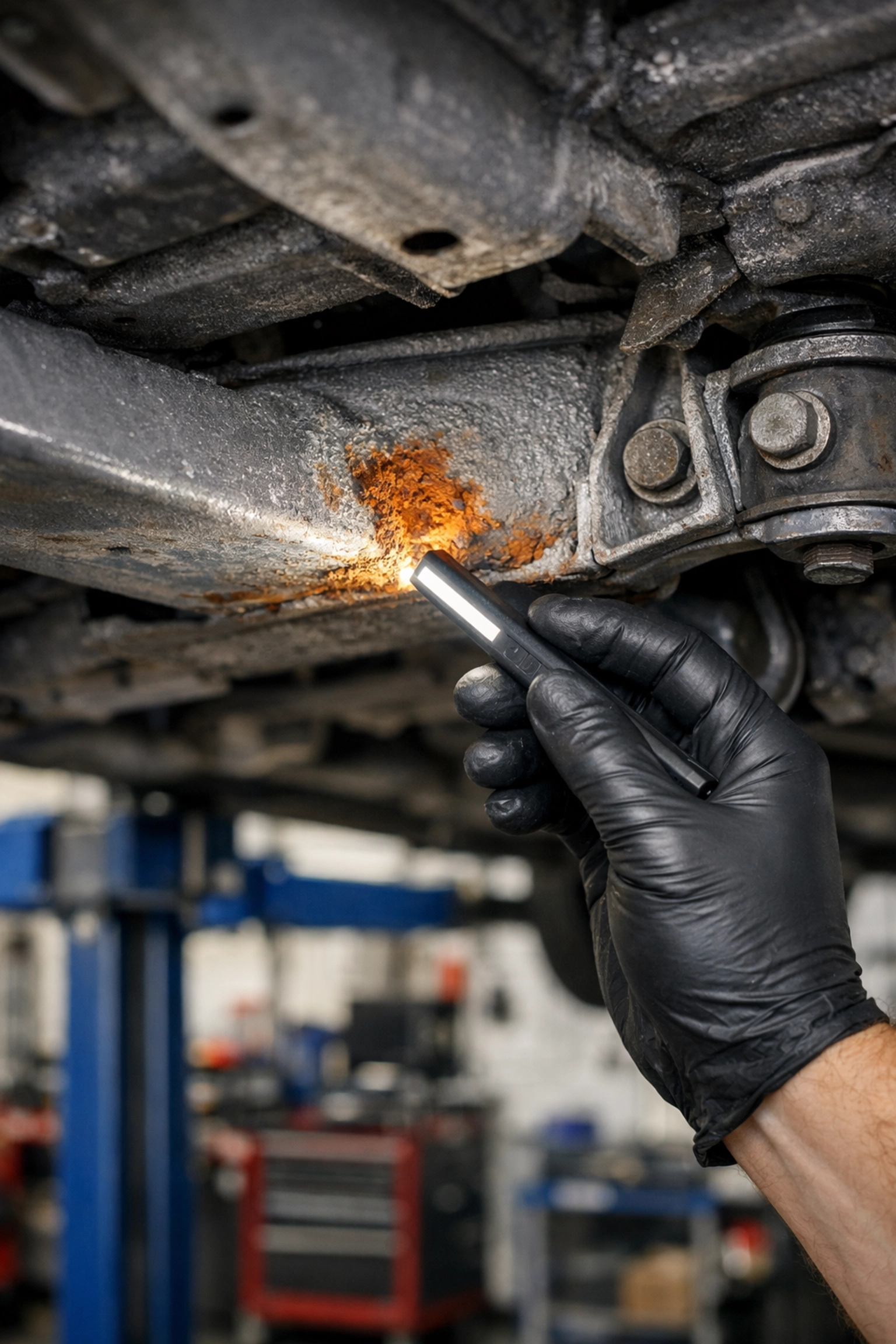 Professional chassis rust inspection highlighting surface corrosion on vehicle underbody.
