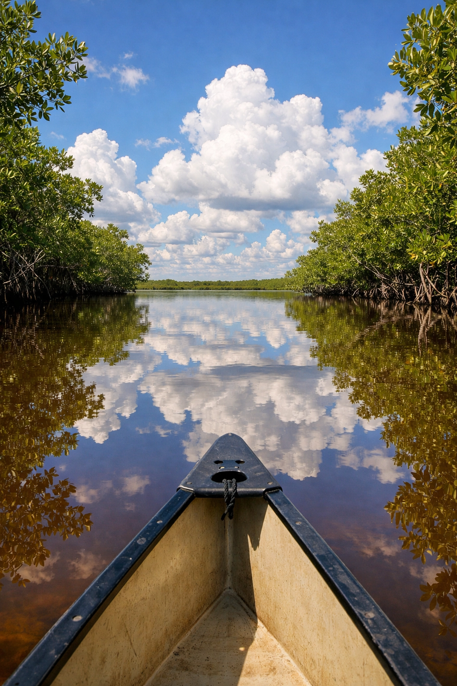 Symmetrical water reflections at Nine Mile Pond, a top photography location in the Florida Everglades.
