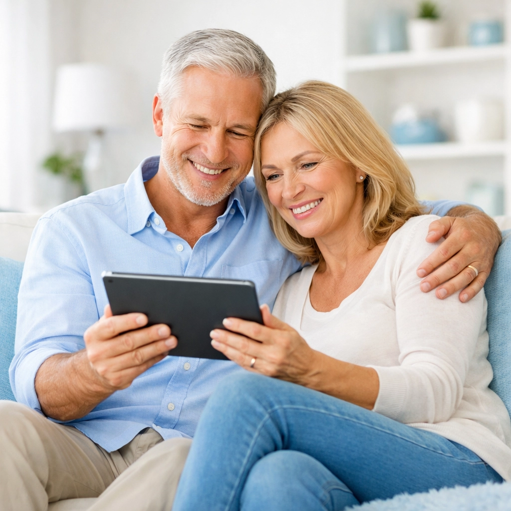 A happy mature couple smiling while reviewing their retirement planning strategy on a tablet at home.