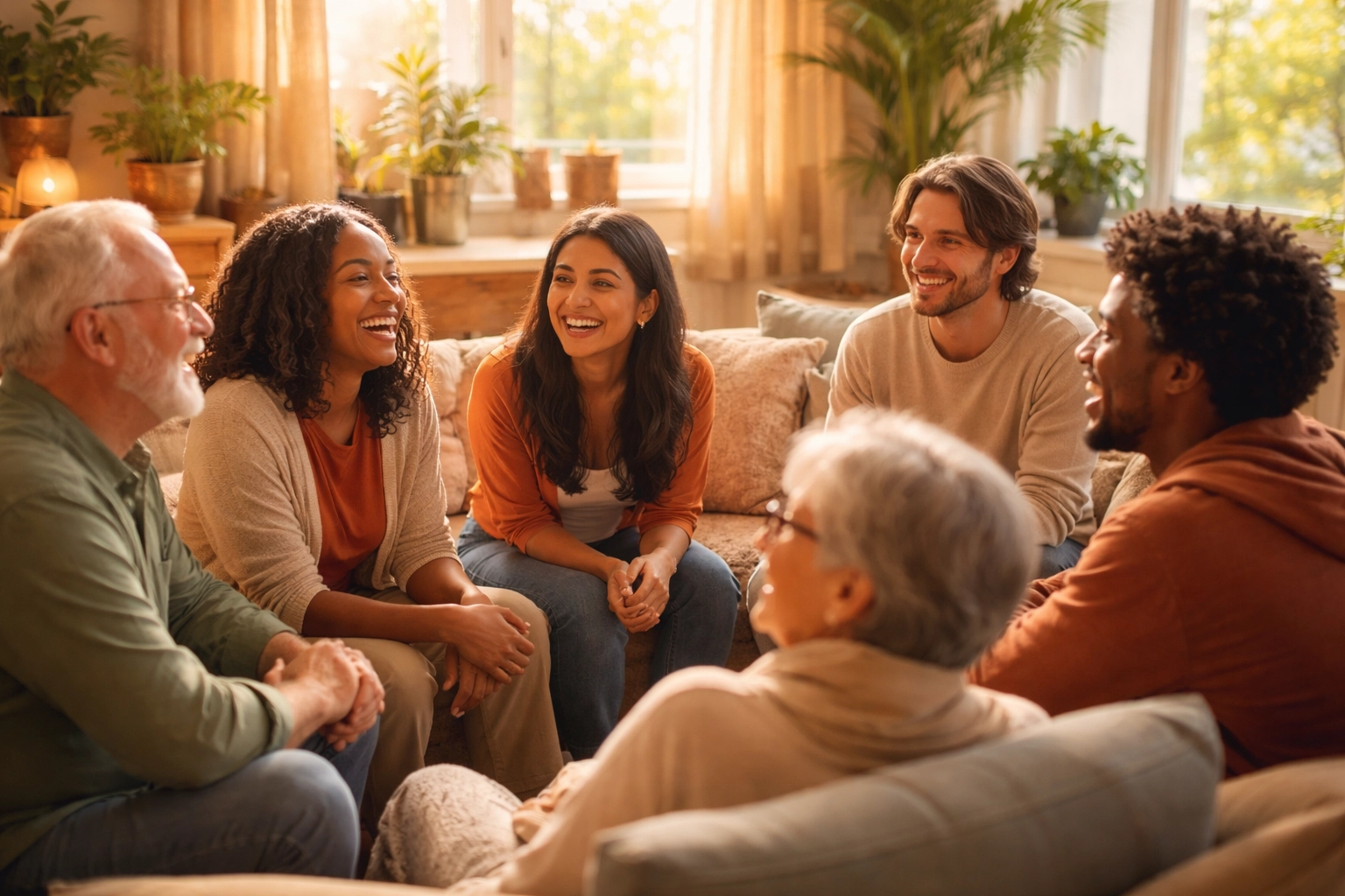 Diverse group enjoying community and sunlight in an inclusive, LGBTQ+ friendly meeting space