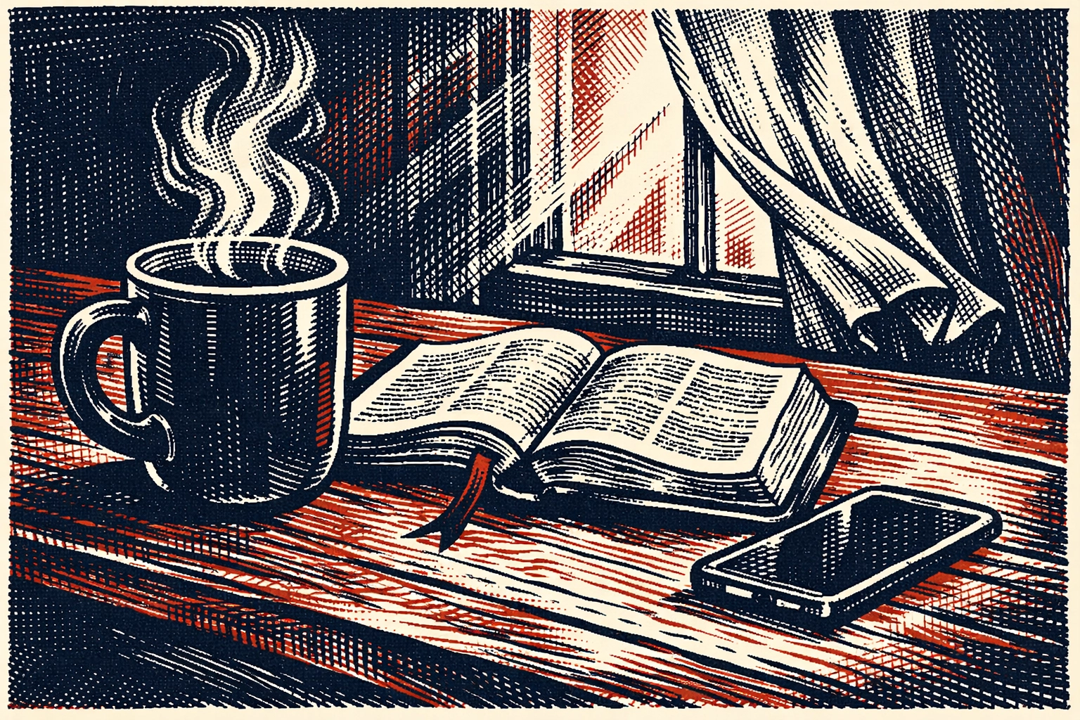 Peaceful morning routine with Bible and coffee, phone face-down on table in soft morning light