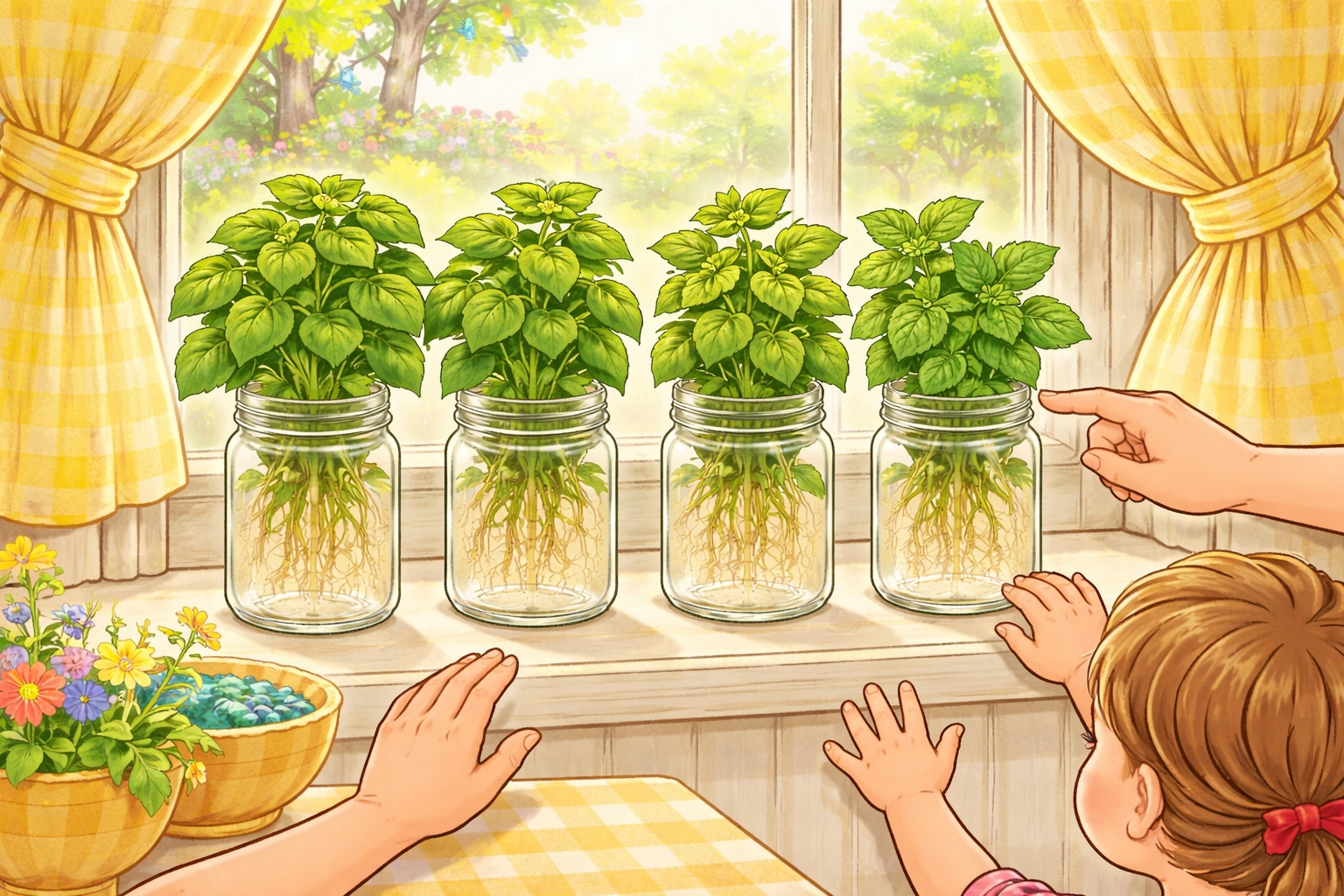 A family and children smiling at mason jars of hydroponic basil and mint growing on a kitchen windowsill
