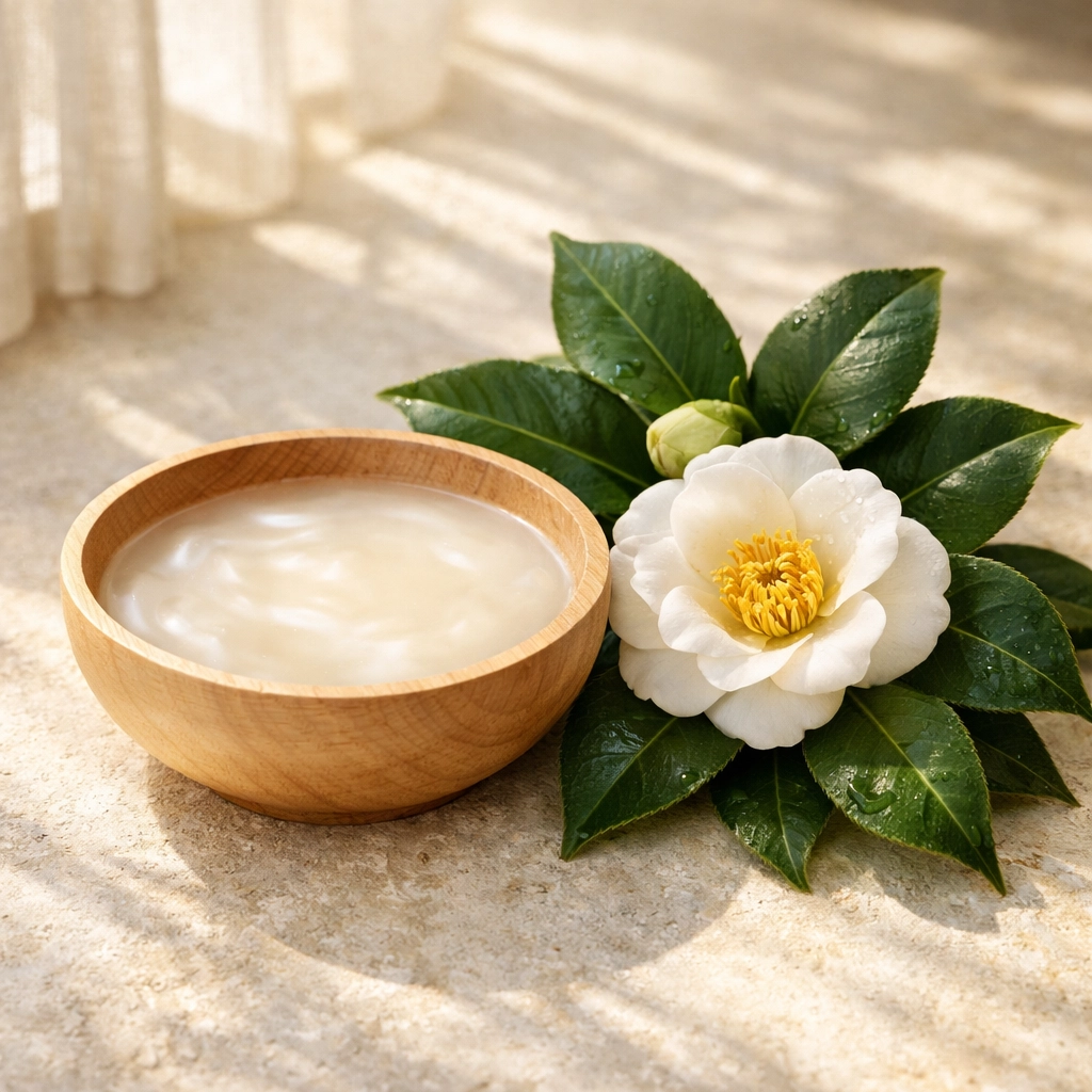 Minimalist bowl of fermented rice water and Camellia leaves for natural botanical hair growth hydration.