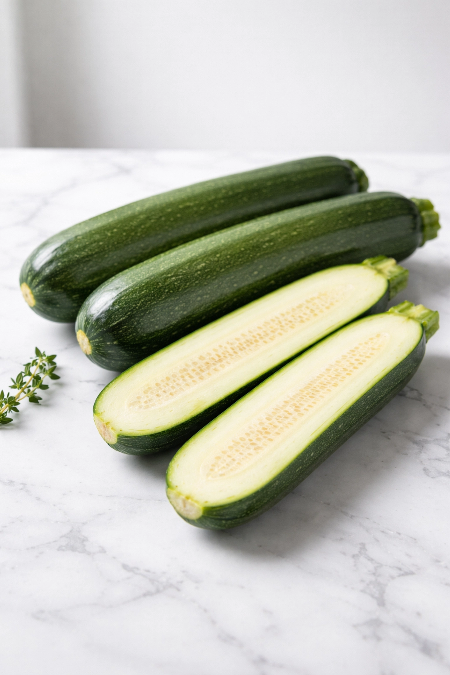 Fresh zucchinis, one sliced open, displayed on a marble surface for keto zucchini boat recipe preparation