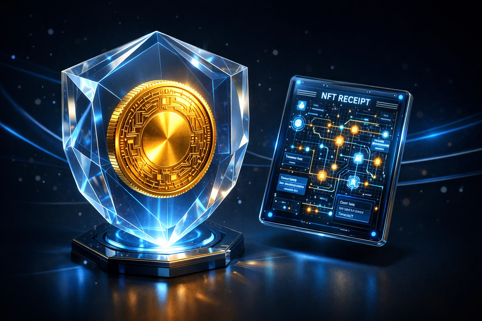 Secure LUSD stablecoin protected by a shield with a holographic NFT receipt for Web3 payments.