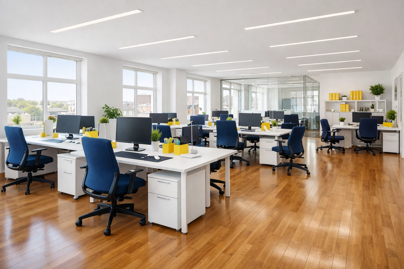 Clean and organized modern office in Bedford showcasing professional commercial cleaning results on polished floors.