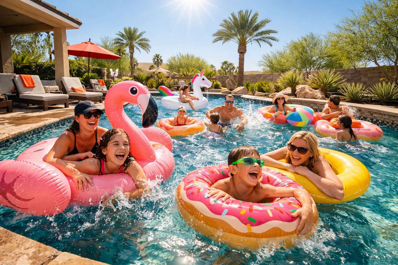 Spring Break pool party in Gilbert, AZ, showing swimmers and floats to demonstrate high bather load prep.
