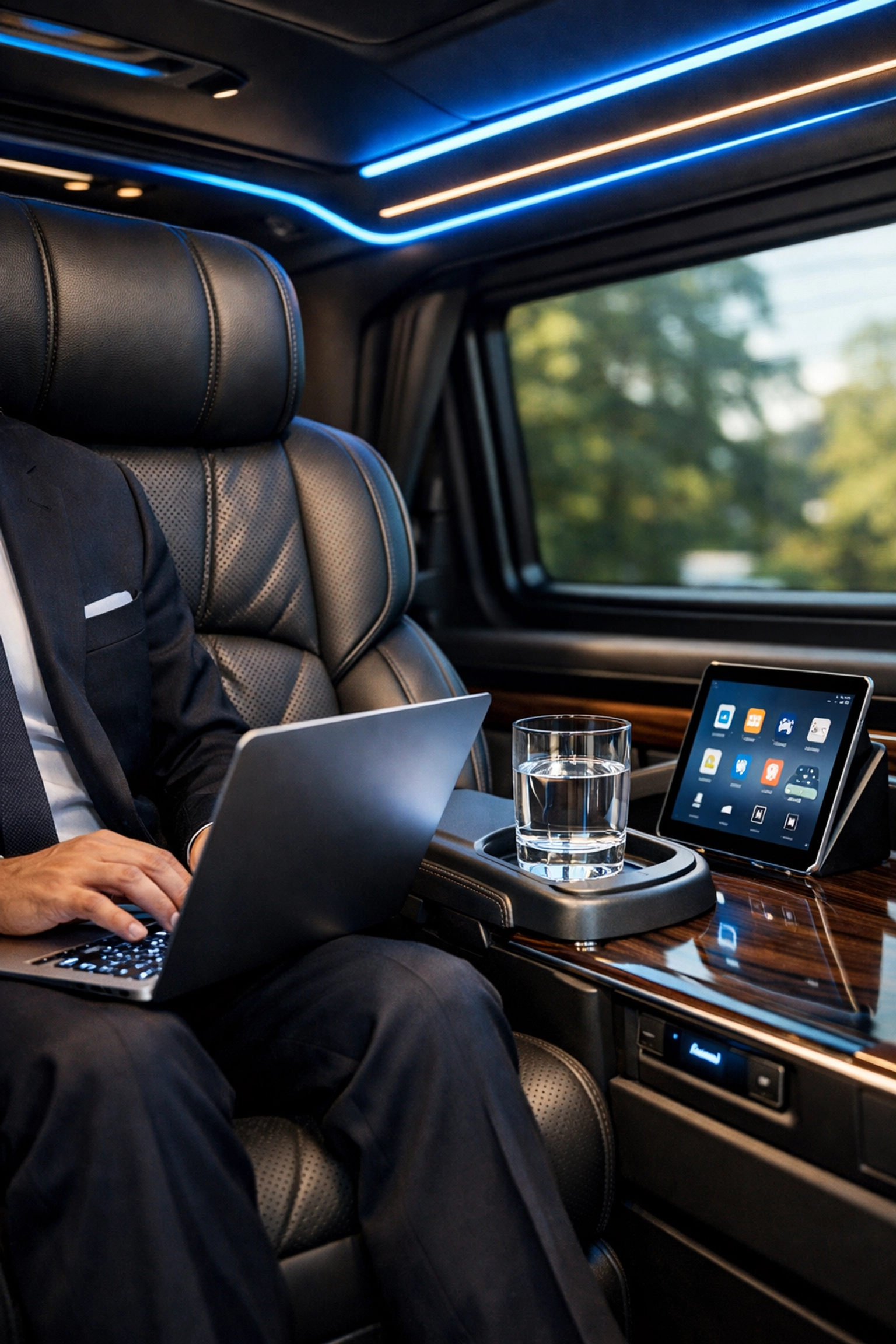 Business professional working in the back of a luxury chauffeured vehicle with premium interior.