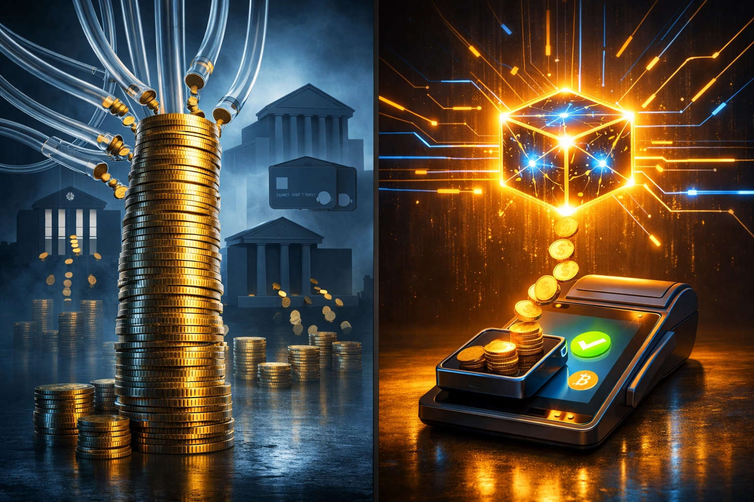 Traditional payment processing vs blockchain Web3 payments showing merchant fee reduction