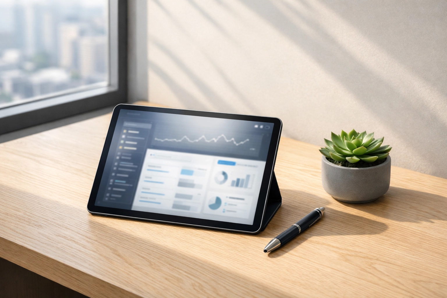 Minimalist professional desk with a tablet showing tax data interface for ERO operational management.