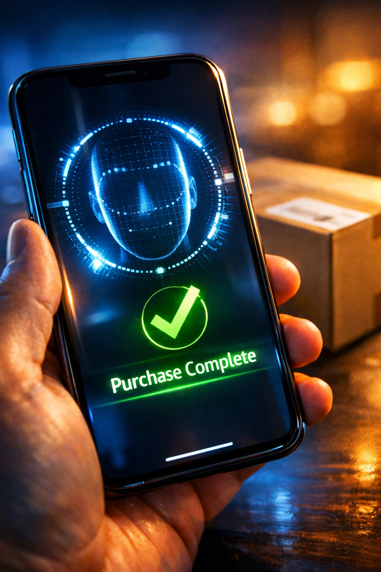 Biometric one-click checkout with instant face recognition payment confirmation on smartphone