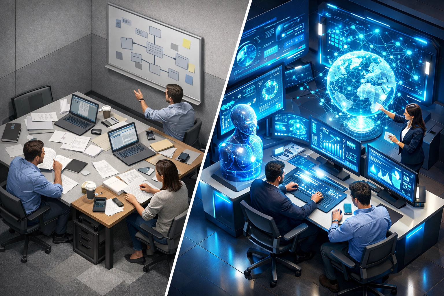 Traditional IT consulting workspace compared to advanced ServiceNow ITOM implementation partner command center