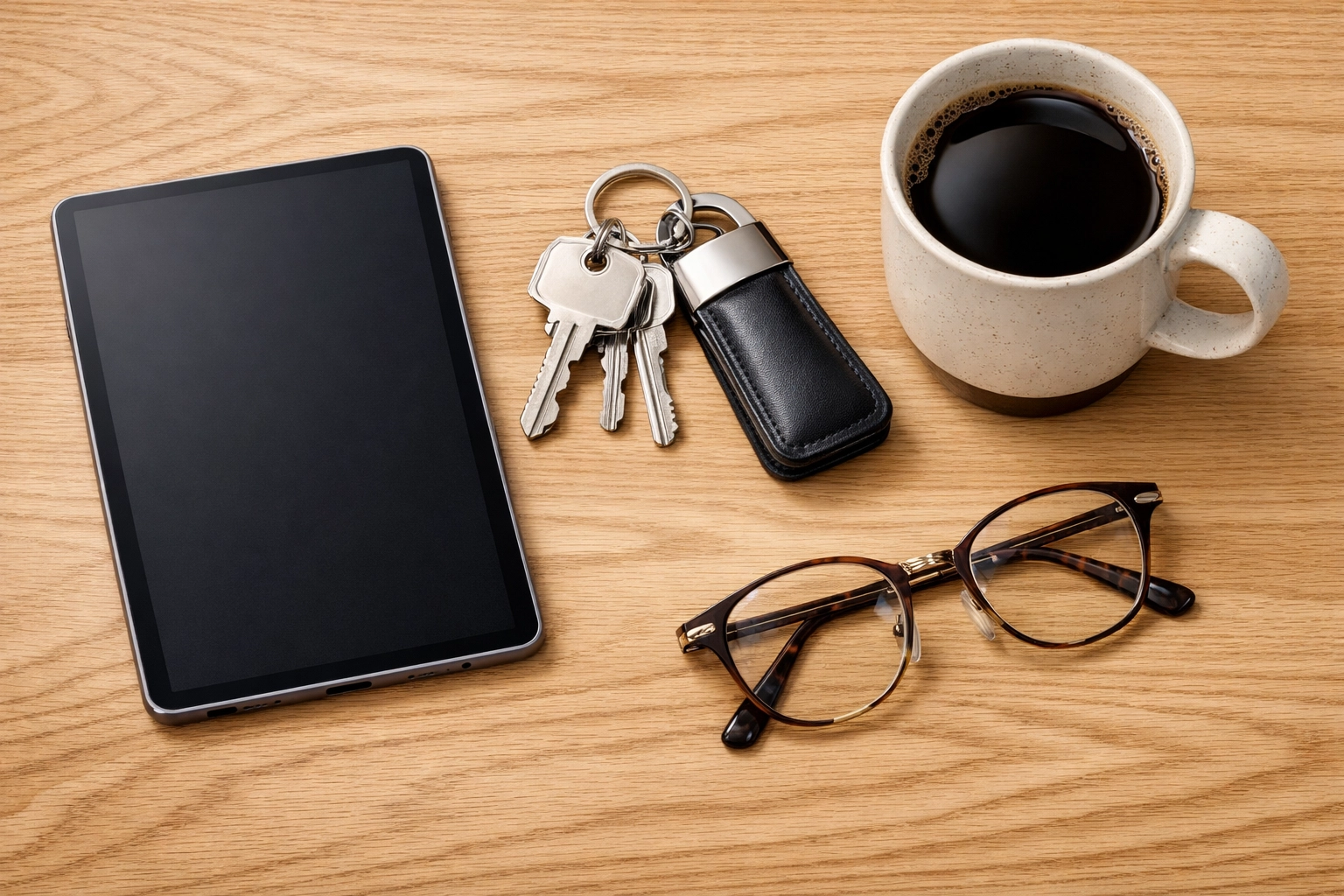 Organized property manager desk with apartment keys and tablet for scheduling high-volume unit turnovers.