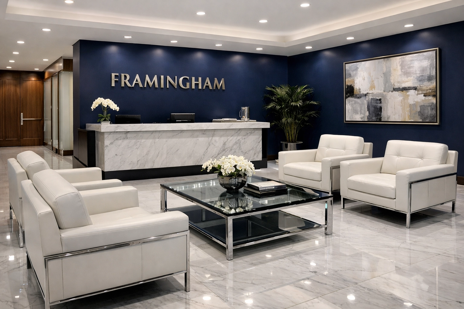 Polished executive lobby showing high-end results of professional office cleaning Framingham for local businesses.