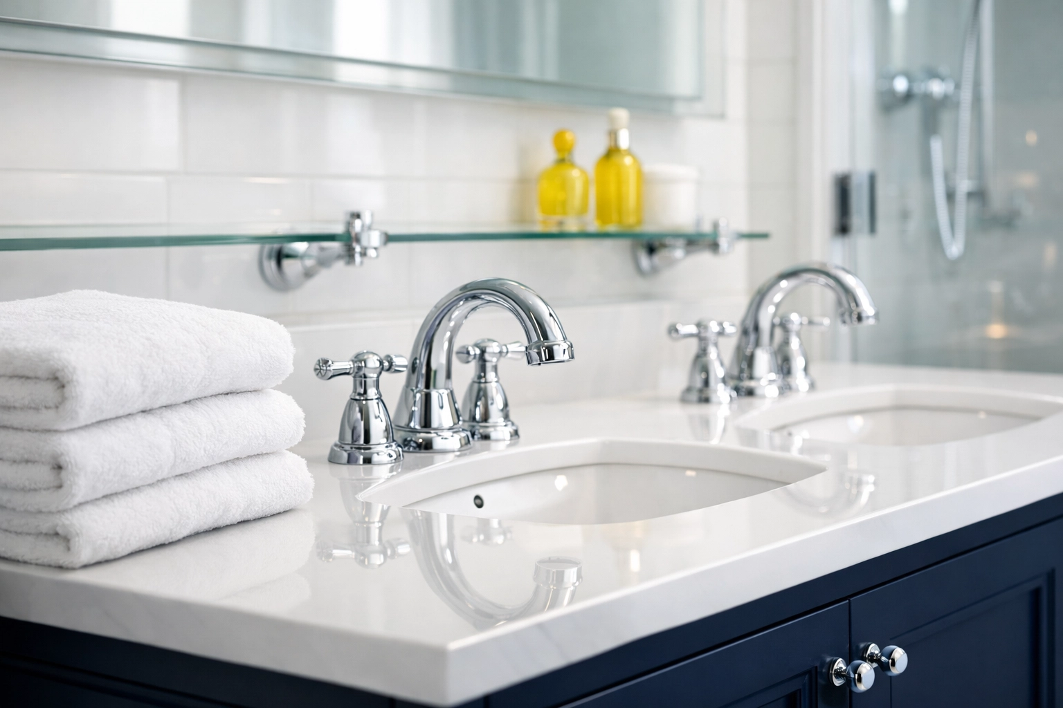 Sanitized master bathroom featuring a pristine white vanity and polished chrome fixtures in Cohasset.