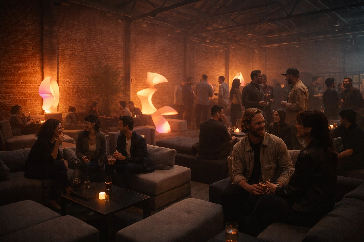 Guests networking in a lounge vignette with vibrant lighting at an industrial-chic venue