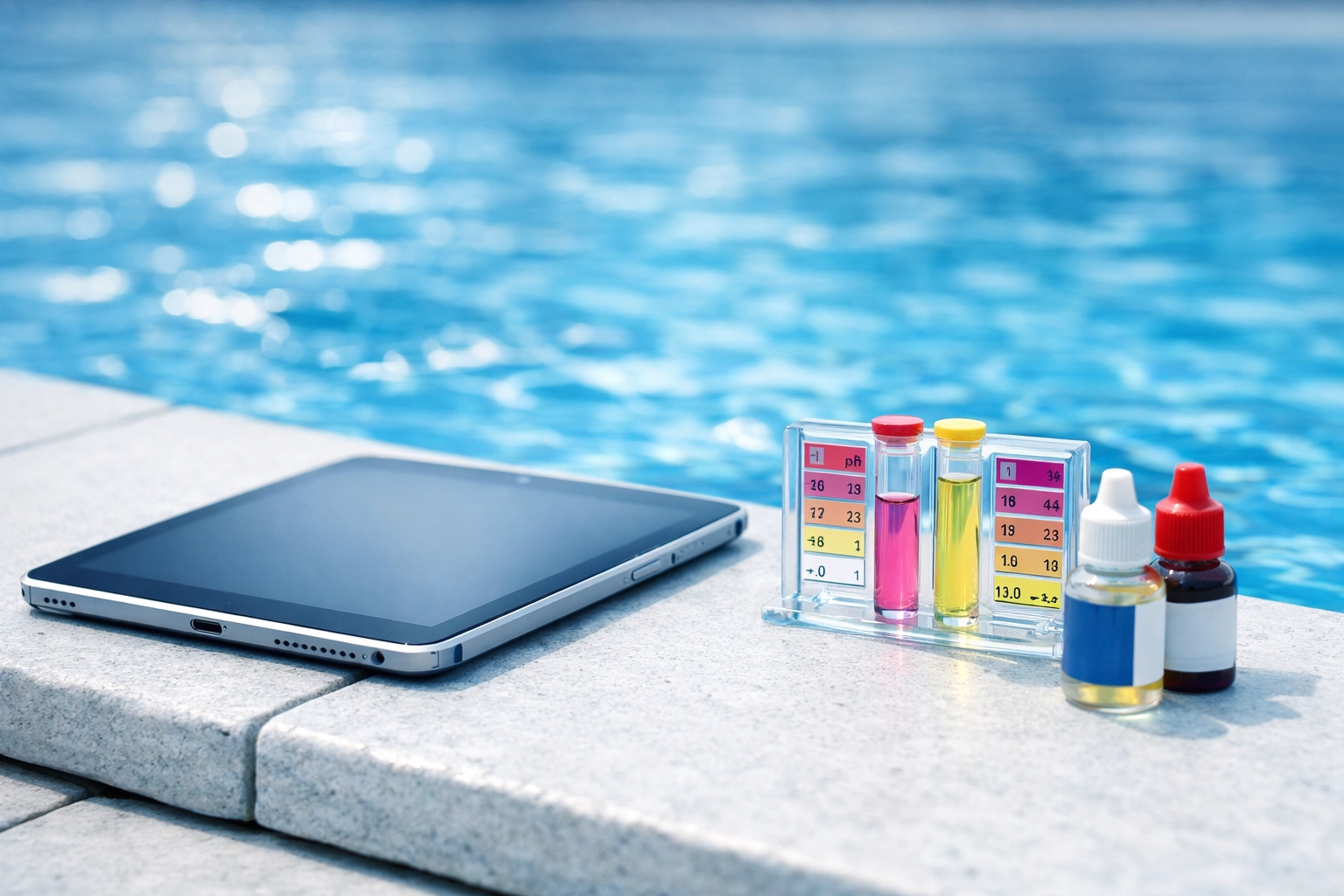 Digital tablet and water testing kit used for due diligence on a profitable pool service route.