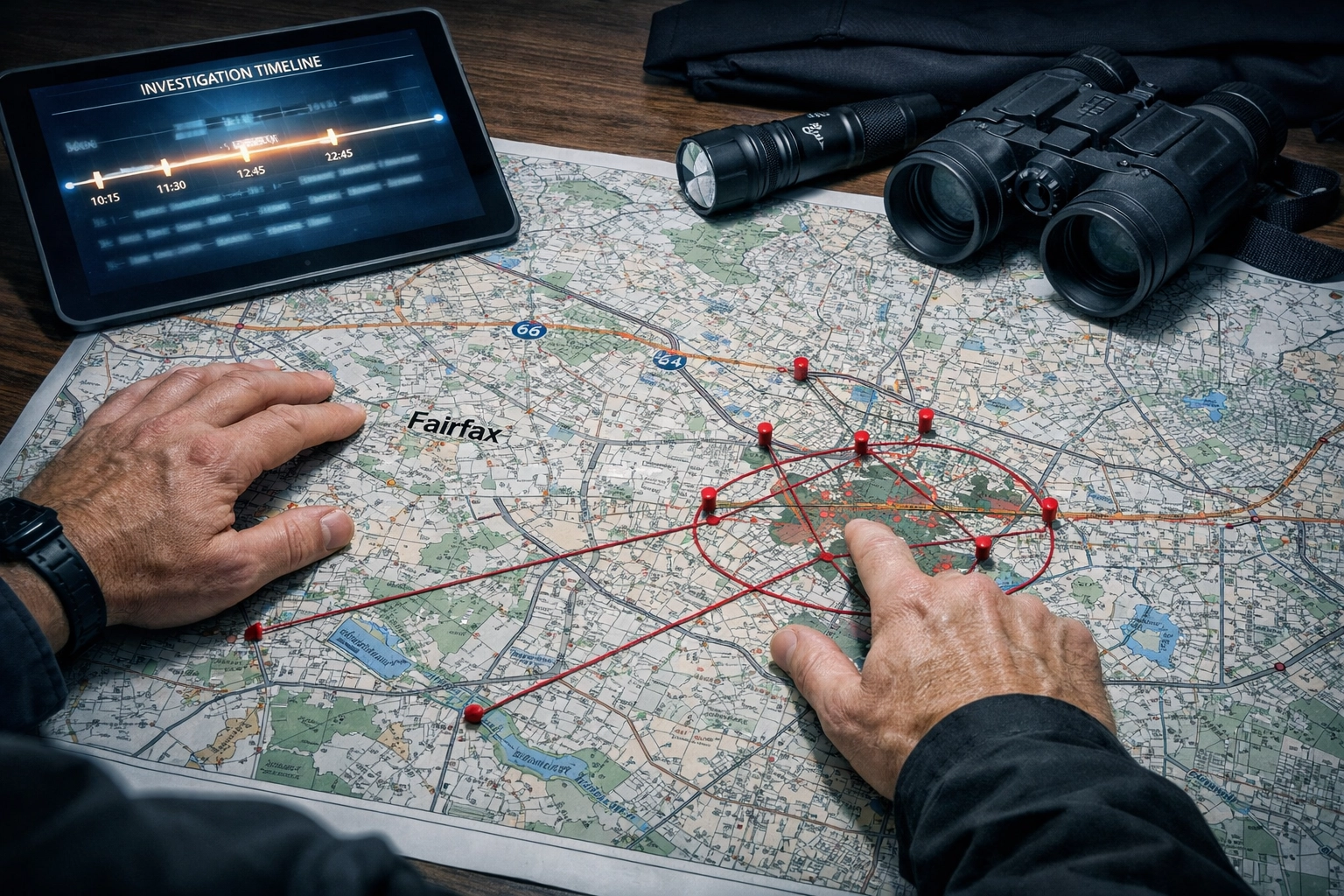 A missing person investigator in Virginia analyzes a map and digital timeline to narrow down a search area.