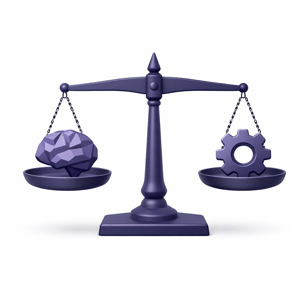 A scale balancing human judgment and automated bookkeeping icons for accurate financial management.