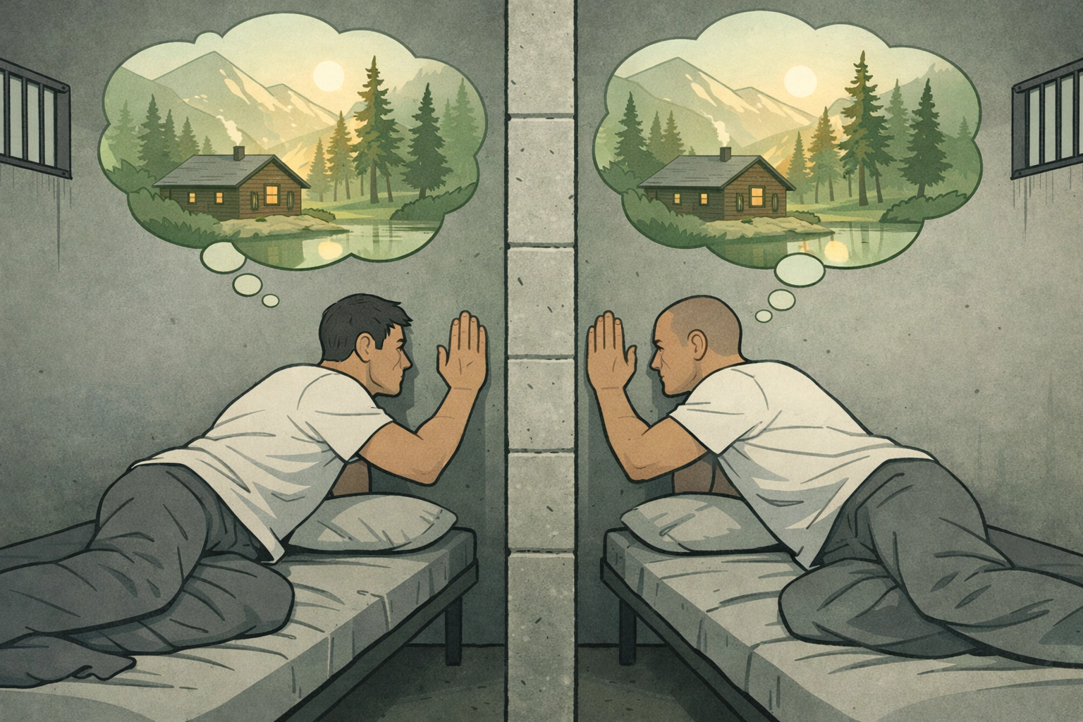 Two men in separate prison cells dreaming of freedom together in LGBTQ+ romance Concrete Heart