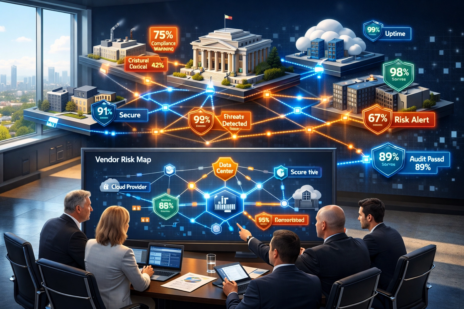Third-party vendor risk management network displaying ServiceNow integration and compliance metrics