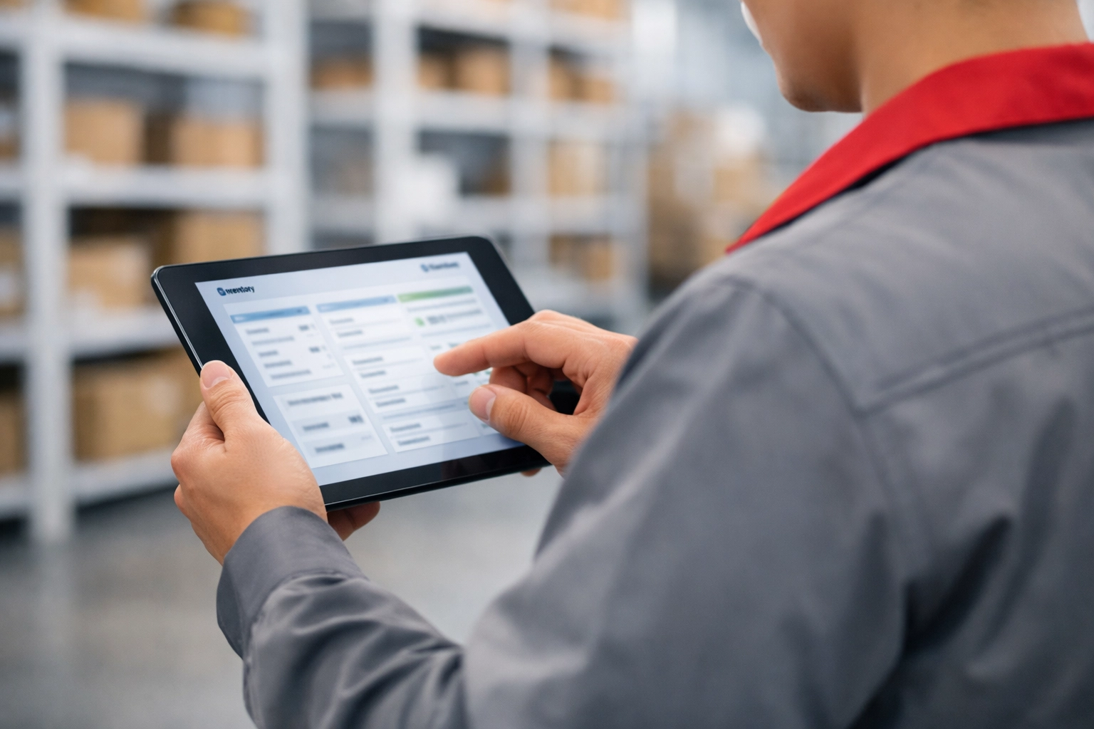 Logistics coordinator managing digital inventory at a professional Hertford storage facility.