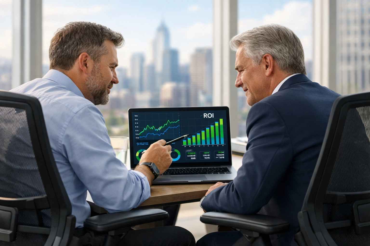 IT and Finance executives reviewing ServiceNow ITOM ROI charts and financial reconciliation data.