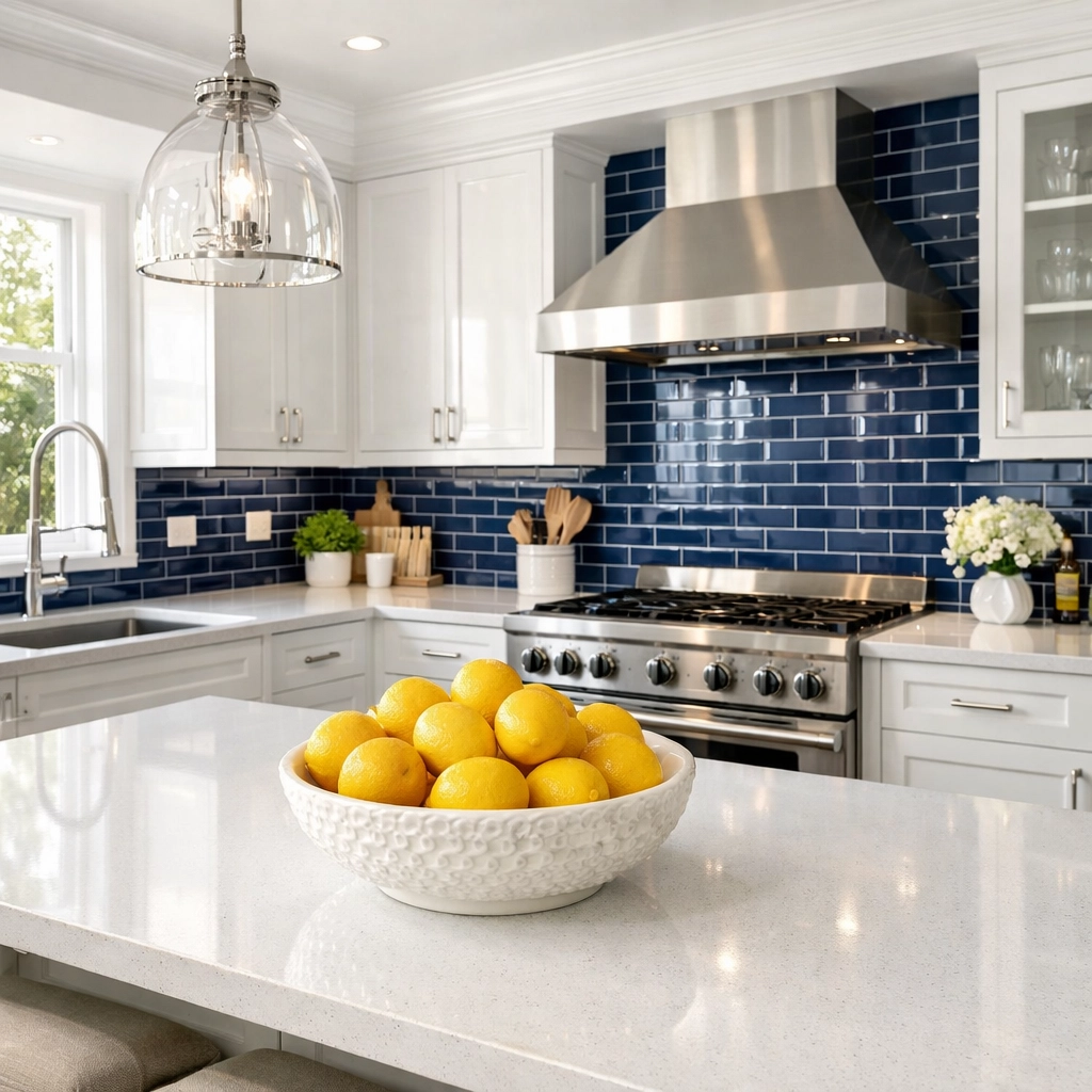 Spotless, eco-friendly kitchen island highlighting professional house cleaning services in Fitchburg.