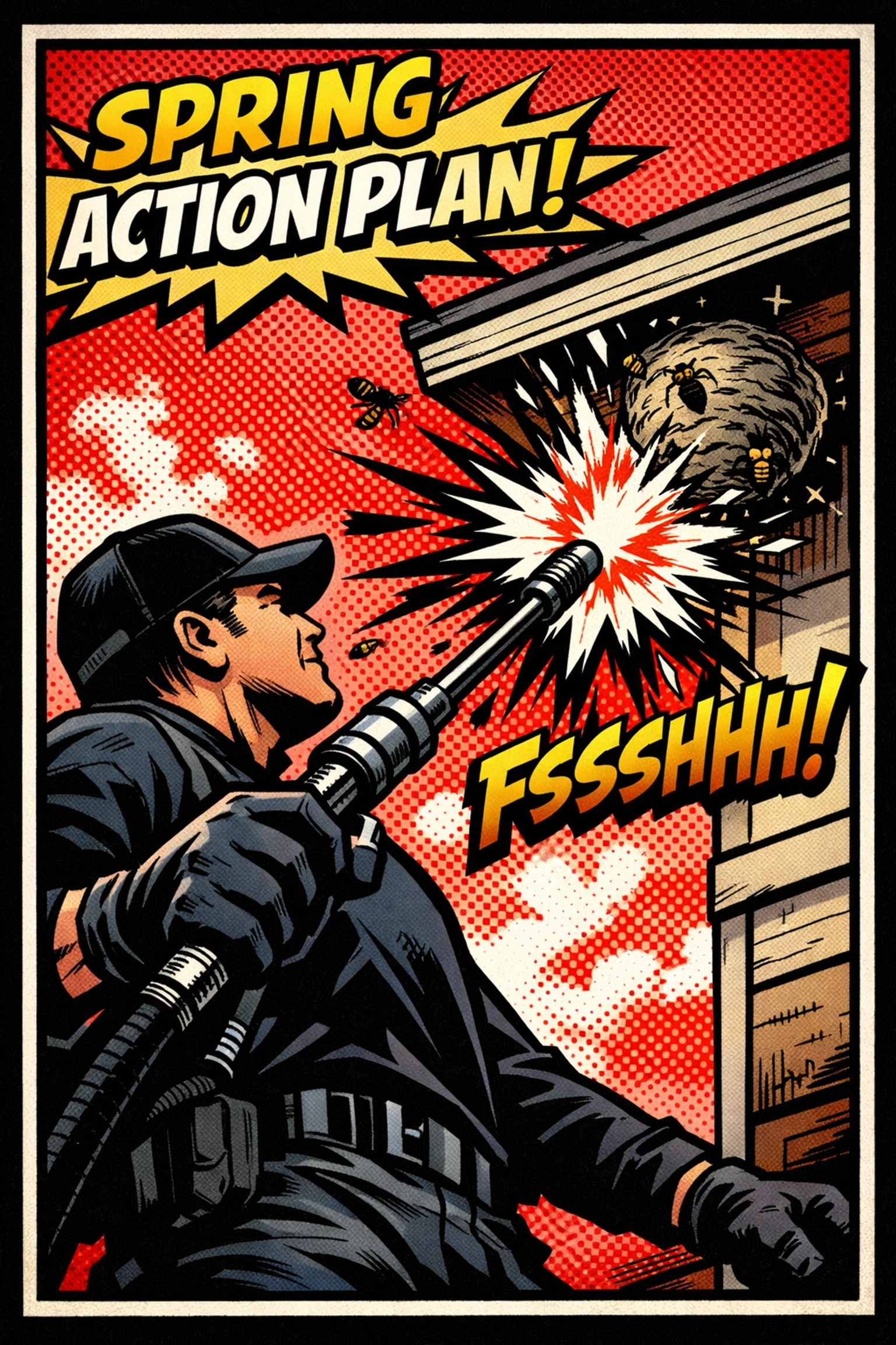 Professional pest control technician spraying a wasp nest under house eaves in Jasper AL.