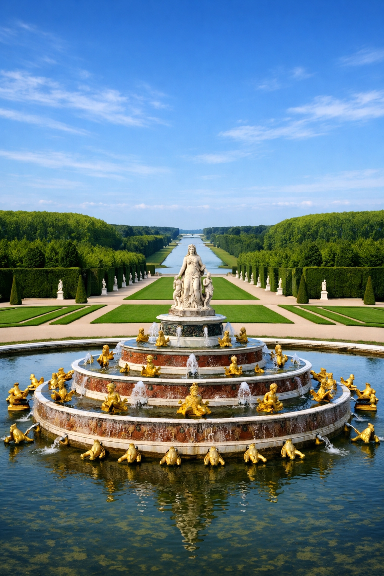 Symmetrical view of the Latona Fountain and Grand Canal, one of the best photography locations in Versailles.