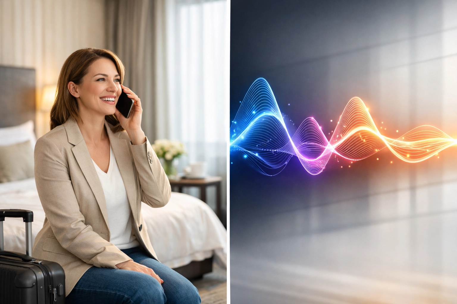Hotel guest using voice AI communication technology with seamless voice pattern recognition