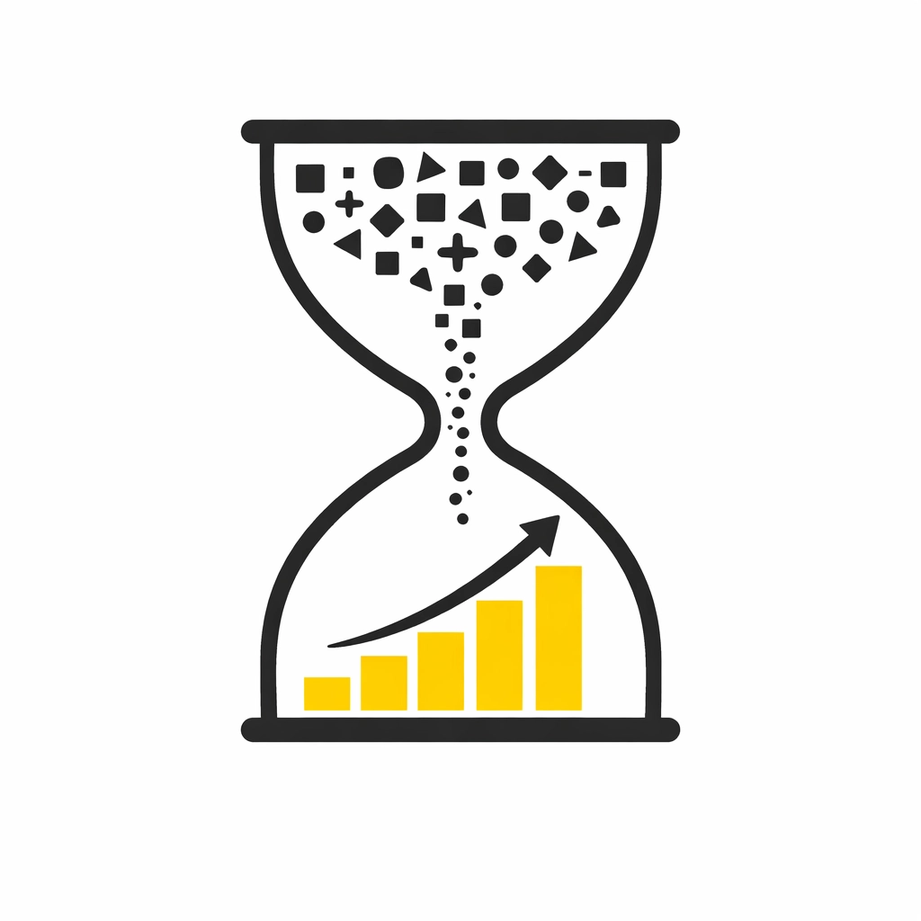 Stylized hourglass showing HRIS software transforming manual tasks into measurable business growth and ROI.