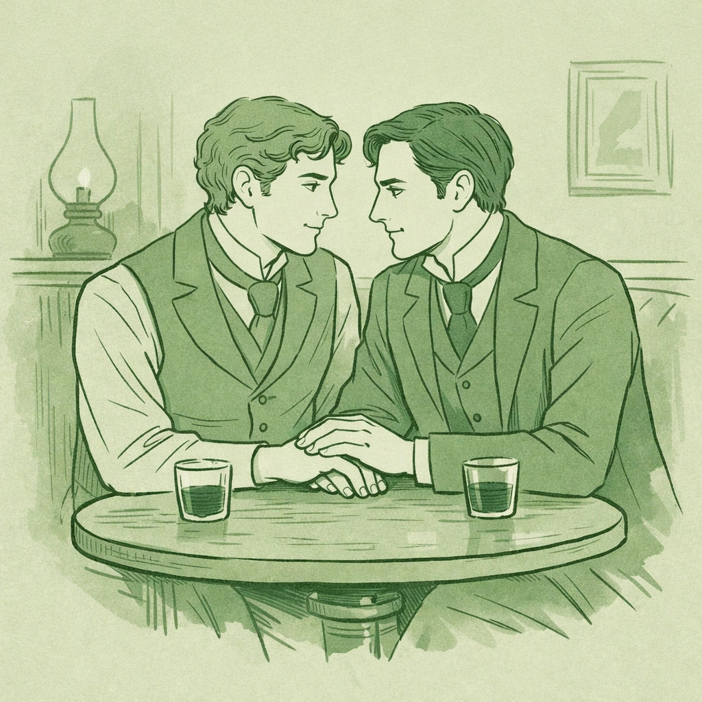 Illustration of a historical gay couple in a London cafe representing Soho's secret queer history.