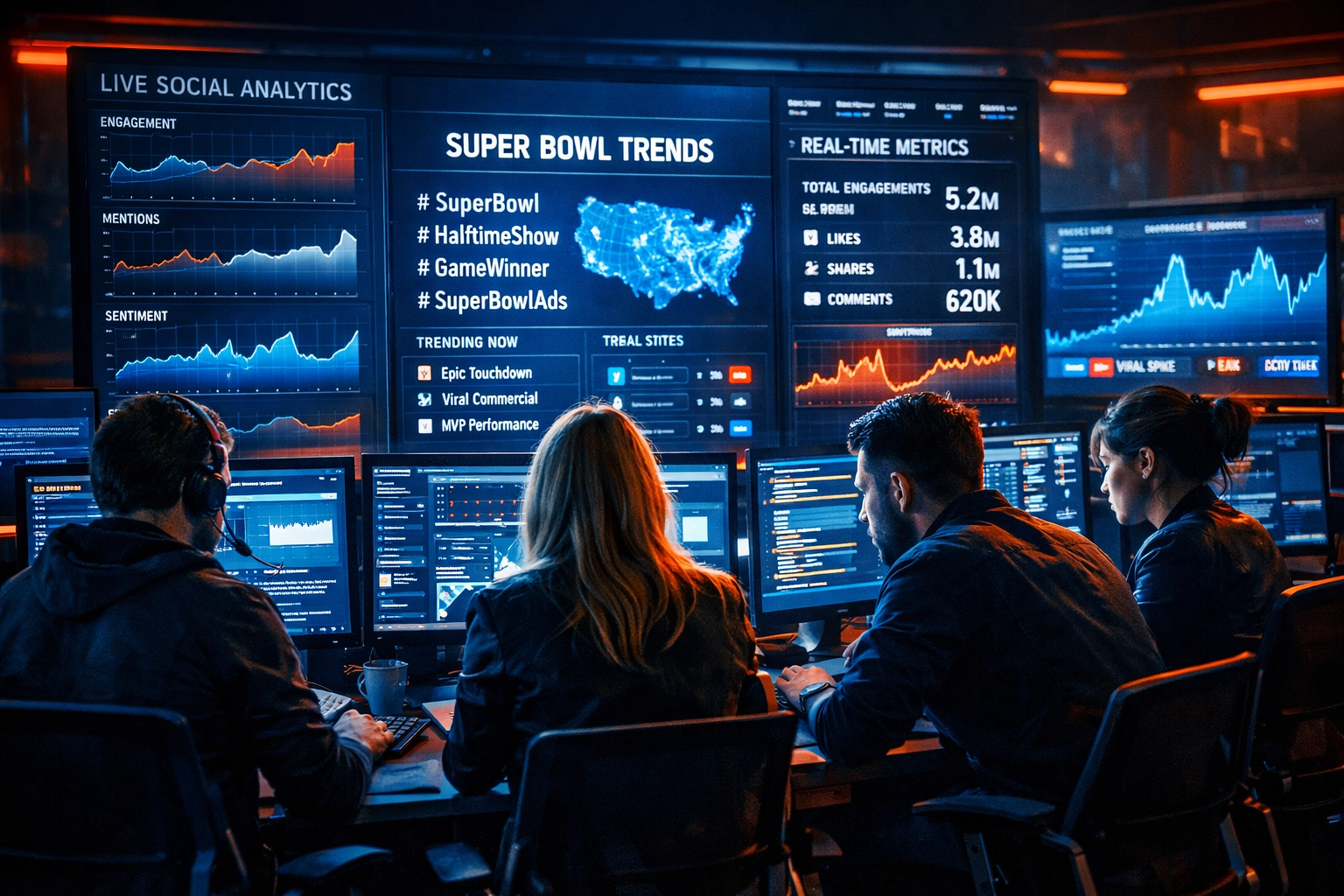 Social media command center monitoring real-time Super Bowl marketing analytics during 72-hour blitz