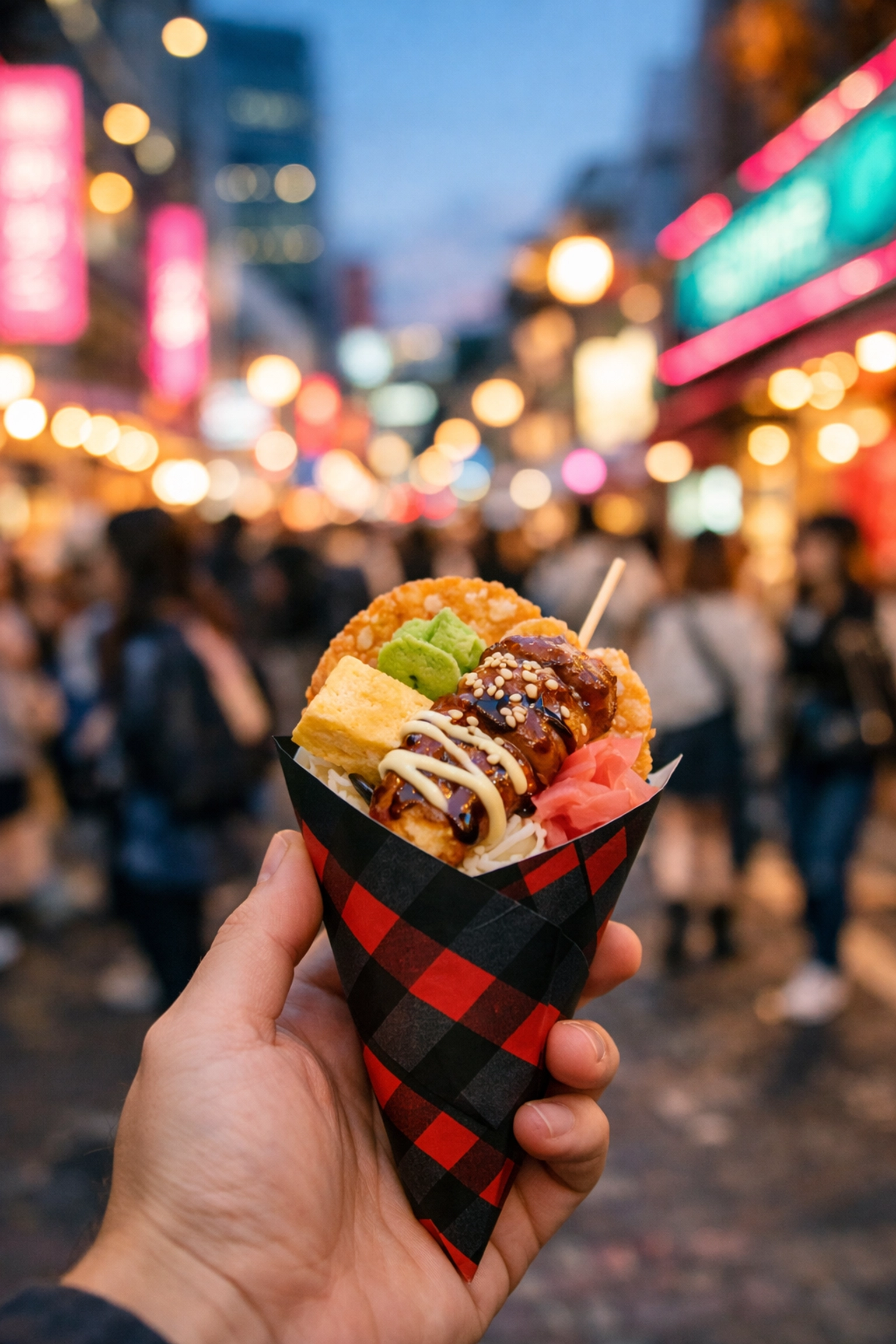Close-up of a colorful Japanese street snack with blurry Harajuku neon lights in the background.