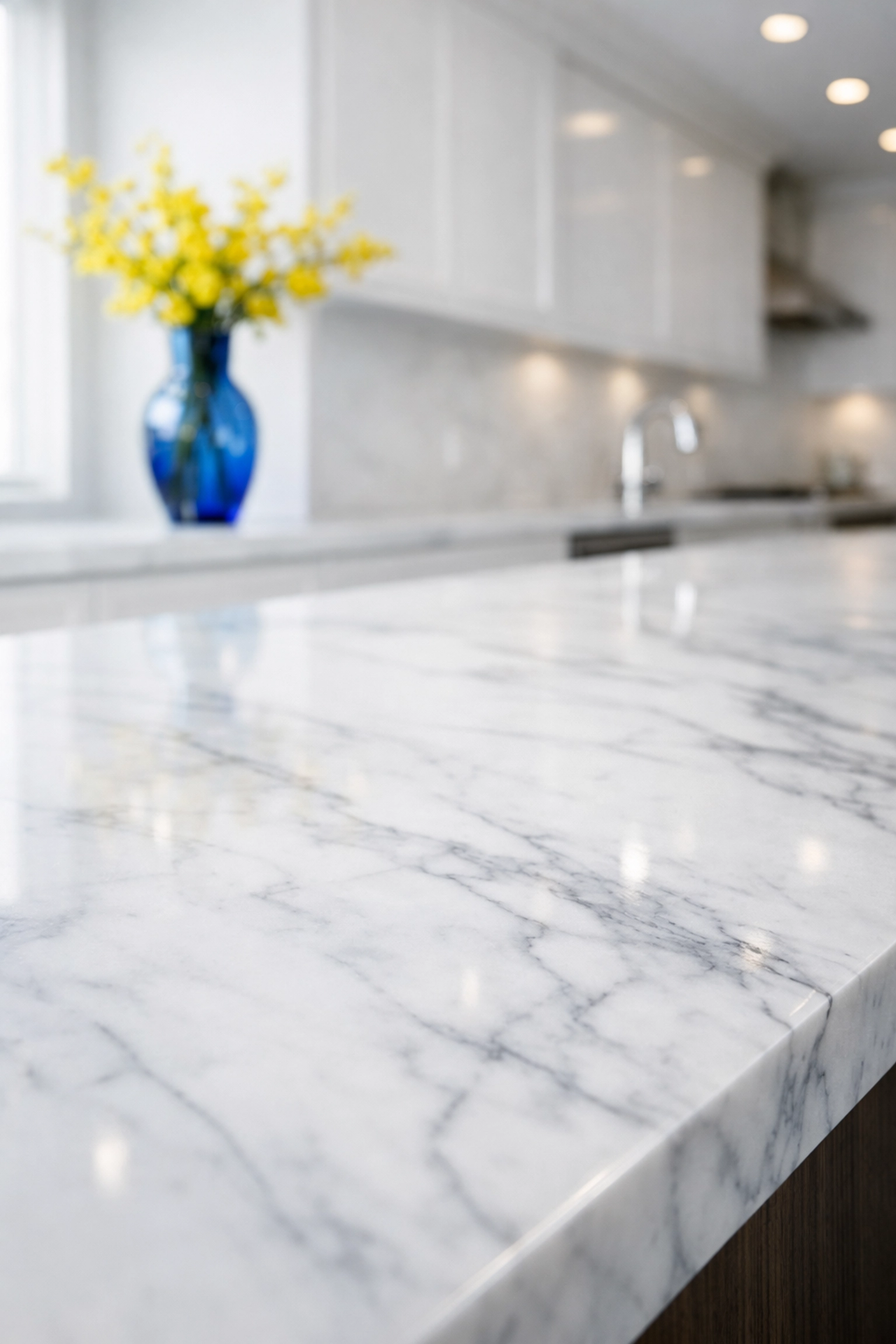 Polished Carrara marble kitchen island cleaned with eco-friendly luxury house cleaning products in Weston.